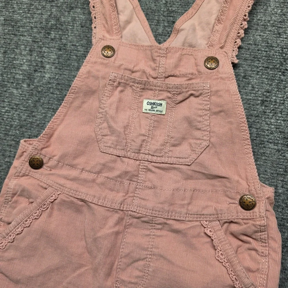 OshKosh B'gosh Toddler Girls Pink Corduroy Overalls Eyelet Lace Trim Size 4T